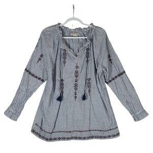 Ruff Hewn Womens Sz 1X Blue White Striped Embroidered Tassel Peasant Top Boho